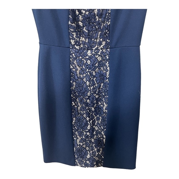 Donna Morgan Floral Lace Sheath Dress Navy Tan Color Block Midi Wedding Guest - Picture 8 of 10